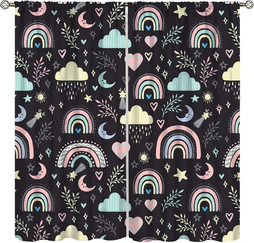 Vista 21 de Cortinas bohemias con diseño de arco iris, hermoso diseño de estrellas de durazno marrón y arcoíris, para dormitorio de niños y niñas, sala