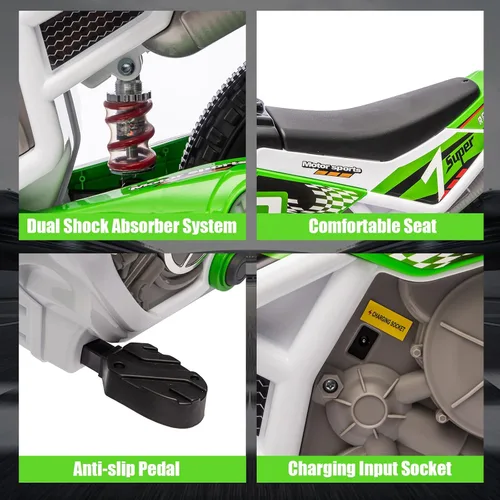 Vista 6 de Motocicleta para niños, motocicleta de paseo con batería 12V7A Verde