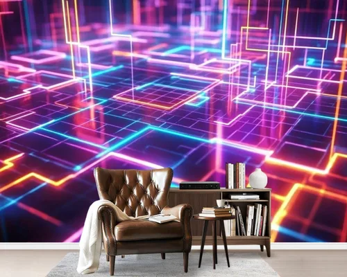 Vista 8 de Murales de pared de lienzo geométricos autoadhesivos de los años 80 de neón retro Synthwave 3D, líneas brillantes, papel tapiz de pared