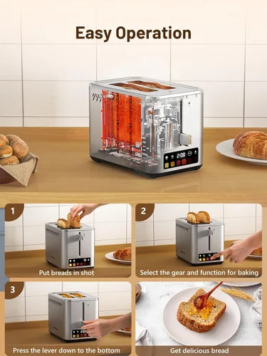 Vista 6 de KEENSTAR Tostadora táctil de 2 ranuras con 6 niveles de tostado, bagel, descongelación y temporizador, ranuras anchas de 1.5", bandeja extraíble