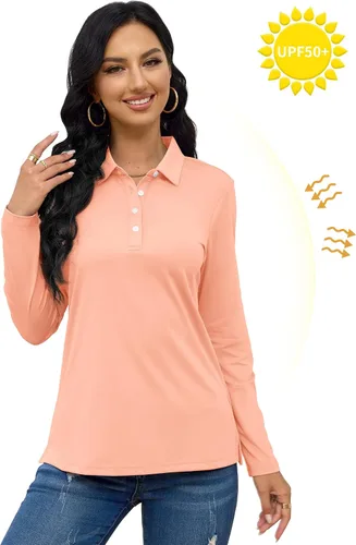 Vista 6 de TACVASEN Polo de golf para mujer, camiseta de manga larga, UPF 50+, secado rápido, 4 botones, rendimiento de tenis, ejercicio