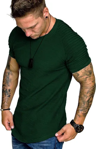Vista 27 de COOFANDY Camiseta Muscular para Hombre de Manga Raglán Plisada Camiseta de Culturismo para Gimnasio Manga Corta Camisas de Entrenamiento de Moda