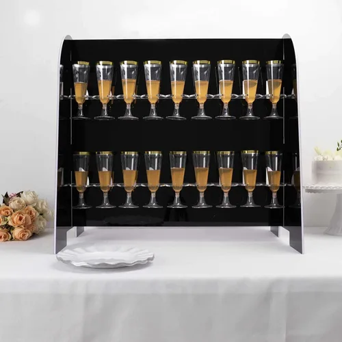 Vista 6 de Tableclothsfactory Estante para copas de vino de 2 niveles con acabado de espejo negro, soporte de espuma para 18 flautas de champán, 25 pulgadas