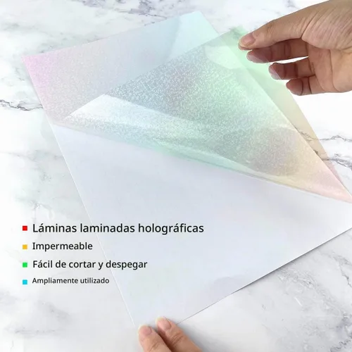 Vista 4 de 20 hojas de papel adhesivo holográfico tamaño A4, calcomanías de vinilo para laminación, película impermeable, autoadhesiva, transparente