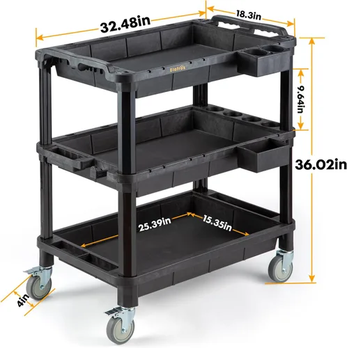 Vista 2 de Carrito utilitario con ruedas de 3 estantes, 32.4 x 18.3 pulgadas Multi-Use Service Tool Cart, 500 lbs Capacity, Deep Shelves, Industrial-Grade