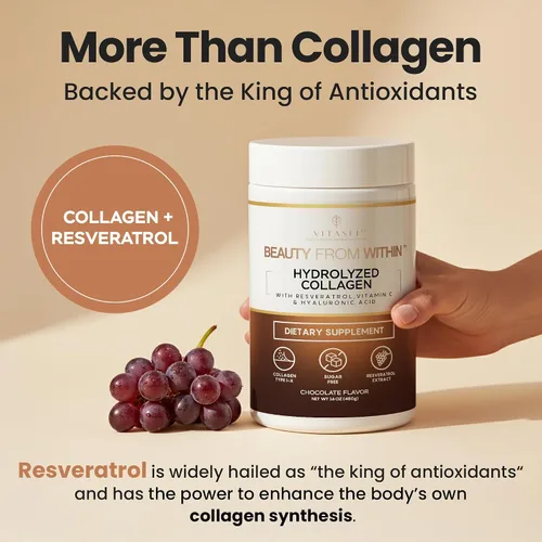Vista 2 de VITASEI Polvo de péptidos de colágeno hidrolizados con resveratrol y vitamina C - Soporte para cabello, piel, uñas y articulaciones - Colágeno