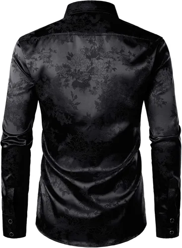 Vista 3 de ZEROYAA Camisas de vestir con botones de manga larga y estampado floral de jacquard rosa satinado brillante para hombre para fiesta de graduación