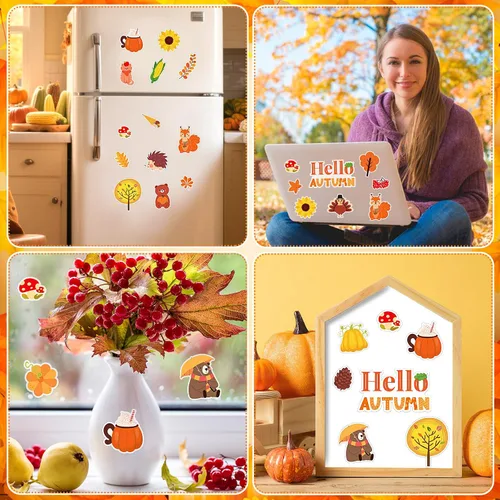 Vista 7 de MARFOREVER 50 PCS Calcomanías de Gel para Ventanas de Otoño, Cosecha de Otoño Calabazas Hoja de Arce Piñas Calcomanías de Gel Gruesas para Ventanas