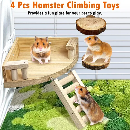 Vista 6 de kathson Plataforma de hámster con escalera de madera natural, juguete de escalada de chinchilla, jaula de rata, repisa de azúcar, accesorios