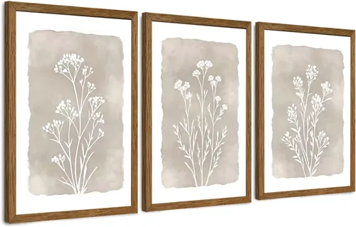 Vista 16 de JLTULT 3 piezas de arte de pared con flores en lienzo con marco, arte de pared de flores en tonos neutros y beige, arte de pared de flores