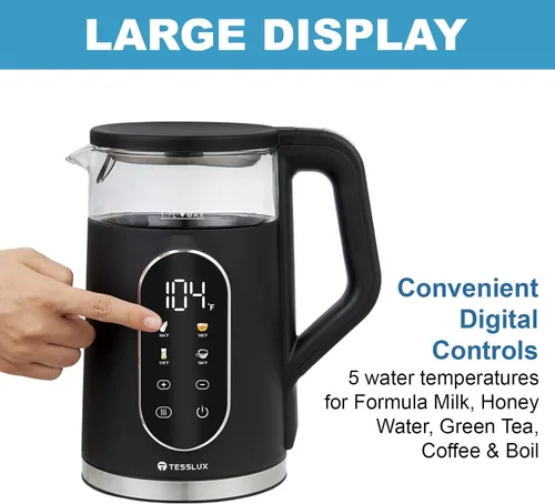 Vista 2 de Hervidor eléctrico, hervidor de agua de vidrio de ebullición rápida de 1500 W con control de temperatura, base de acero inoxidable inalámbrica
