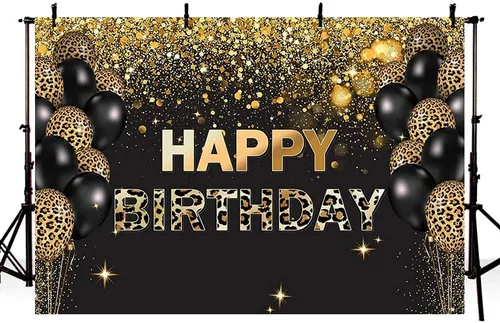 Vista 6 de Telón de fondo de feliz cumpleaños de 7 x 5 pies, lentejuelas doradas, globos de leopardo negro con purpurina, fondo para fotos, decoración