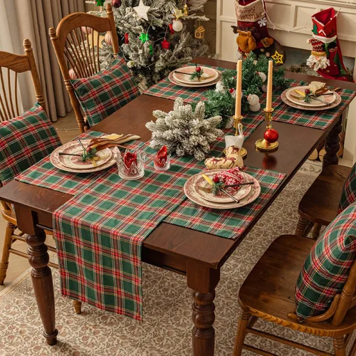 Vista 7 de Softalker Camino de mesa de tartán de Navidad a cuadros, color verde, resistente a las manchas, lavable, decoración de mesa de invierno