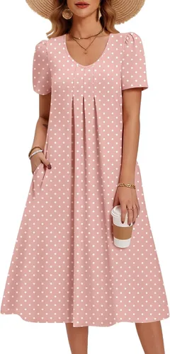 Vista 26 de Zeagoo Vestido de verano para mujer, casual, floral, midi, con bolsillos, cuello en V, plisado, manga corta, estilo alineado, para vacaciones