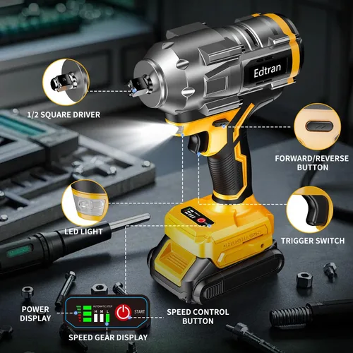 Vista 6 de Llave de impacto inalámbrica 1/2 para batería Dewalt de 20 V, destornillador de impacto sin escobillas de 1500 Nm/1106 pies-libras, herramienta