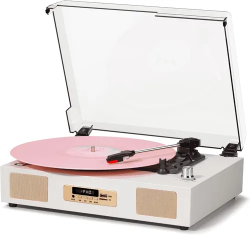 Vista 12 de Vinyl Record Player with Stereo Speakers Turntable USB Recording, Pink,Built-in Speakers, 3-Speed Belt Drive, RCA Line-Out AUX-in, Auto Stop