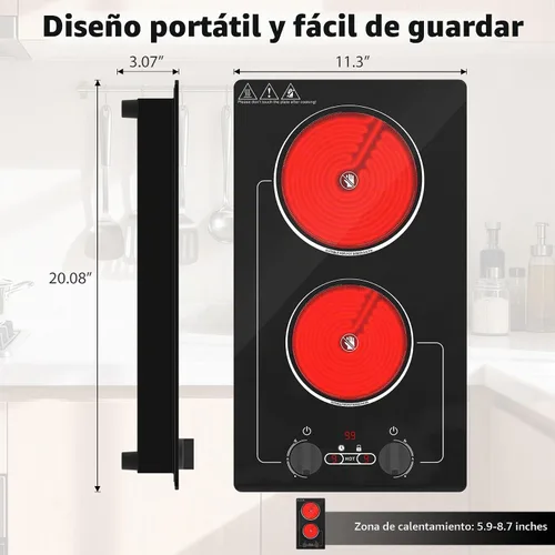 Vista 8 de VBGK - Placa de cocina eléctrica, estufa eléctrica de 110V y 2100W con control de perilla, diseño de encimera/integrado con 9 niveles de potencia