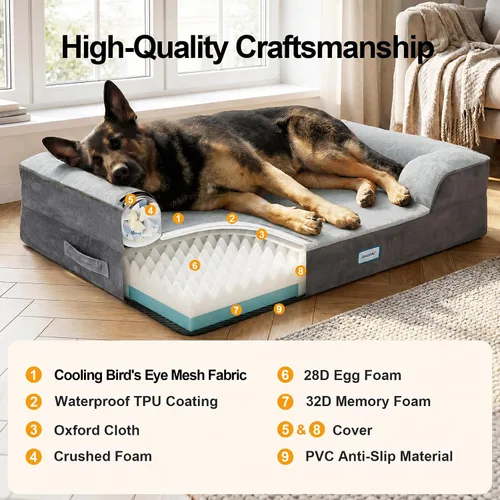 Vista 3 de OhGeni Cama ortopédica refrescante para perro, sofá refrescante para mascotas grandes con espuma viscoelástica, lavable a máquina, funda extraíble