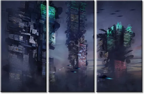 Vista 104 de Arte de pared de 3 piezas de escena de ciencia ficción de la calle comercial futurista paisaje urbano, decoración de pared para dormitorio