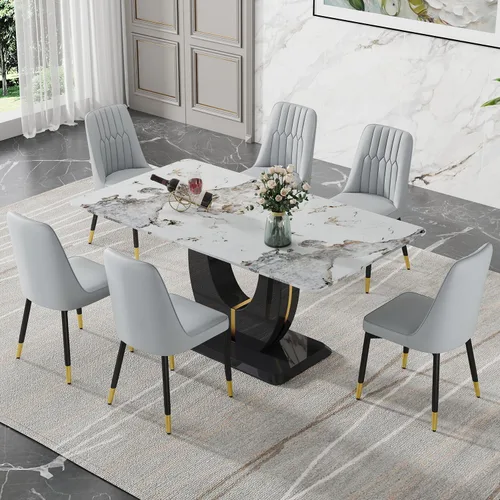 Vista 59 de JUFU Juego de mesa de comedor moderno para 4, juego de mesa de cocina rectangular de 63 pulgadas con mesa de mármol sintético y 4 sillas tapizadas