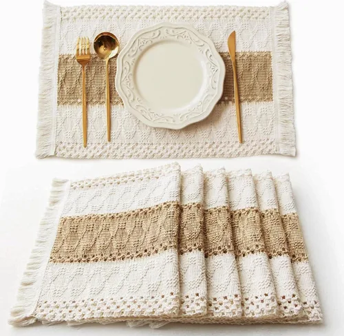Vista 8 de FEXIA Juego de 6 manteles individuales bohemios, decoración de mesa de macramé y manteles individuales estilo casa de campo de arpillera de algodón