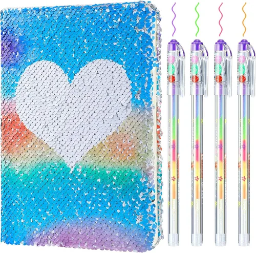 Vista 11 de Outus Juego de diario de lentejuelas para niñas con 4 bolígrafos de tinta de gel de color, diario reversible, cuaderno de lentejuelas con purpurina