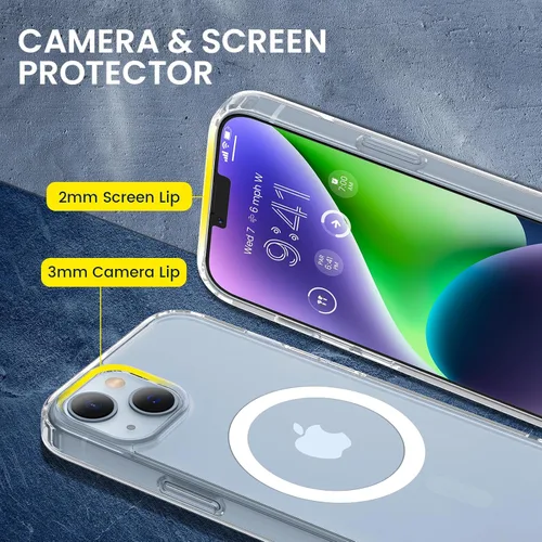 Vista 7 de VEGO Funda para iPhone 13 y iPhone 14, con imanes integrados, parte trasera de policarbonato duro transparente + funda delgada de TPU suave