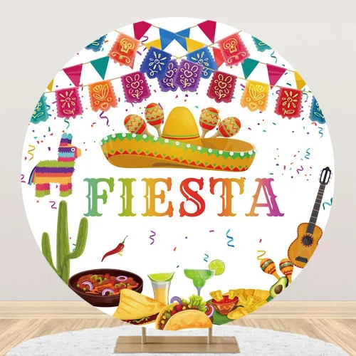 Vista 7 de Renaiss Cubierta de fondo redonda de 3 x 3 pies para fiesta mexicana de cumpleaños, temática de feliz cumpleaños, fotografía de fondo, banderas