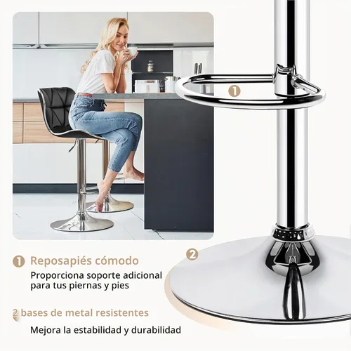 Vista 4 de Yaheetech Juego de 2 taburetes de bar, taburetes de bar ajustables de piel sintética con respaldo de concha, sillas de bar con reposapiés para Negro