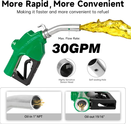 Vista 3 de Boquilla de combustible automática de 1" NPT con gancho, boquilla de gas con mango de bomba diésel, tasa de flujo máxima de 30 GPM, candado de 3