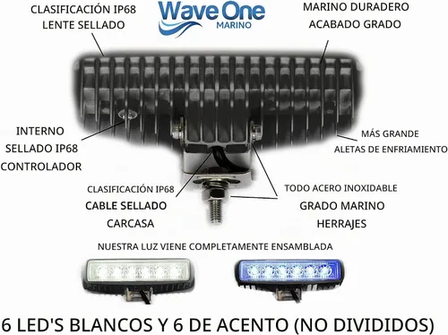 Vista 3 de Wave One Marine Luz LED de dos colores para barco, esparcidor de cubierta con haz de inundación, hardware y soporte de acero inoxidable IP68