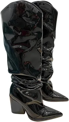 Vista 12 de Vertundy Botas altas hasta la rodilla metálicas con punta puntiaguda para mujer, botas altas de tacón alto de charol plisadas, botas largas plisadas