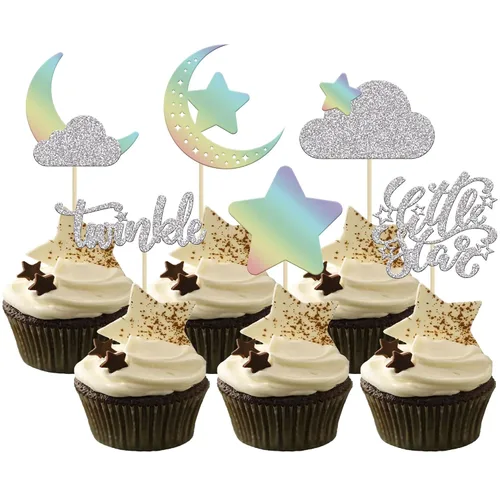 Vista 10 de Gyufise 24 piezas de decoración de cupcakes con purpurina de luna, nube, decoración de tartas de estrellas parpadeantes, baby shower, niños, Oro