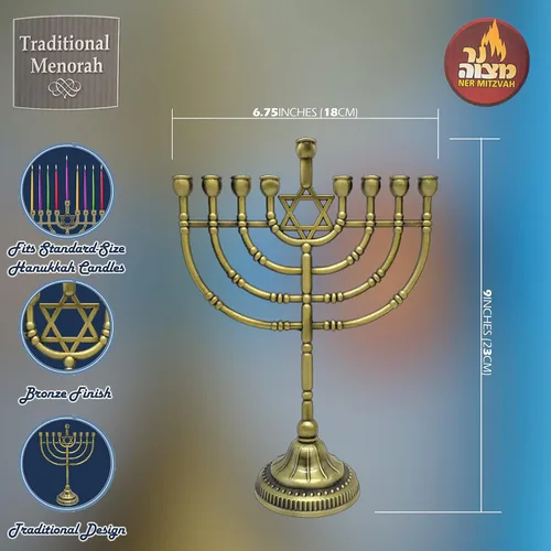 Vista 4 de Ner Mitzvah Menorá Tradicional de Bronce para Velas - Velas de Janucá - 9 pulgadas de alto