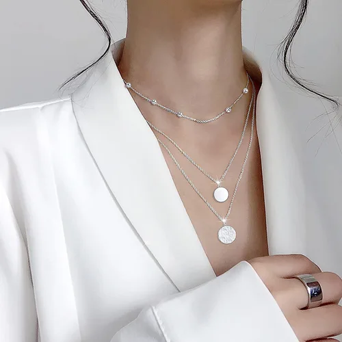 Vista 3 de FLYOW Collar en capas de plata de ley S925, collar multicapa de triple cadena larga, delicado collar con colgante para mujer