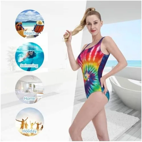 Vista 6 de Rainbow Tie Dye - Traje de baño de una pieza para mujer, bikini sexy profundo y sexy para verano, playa