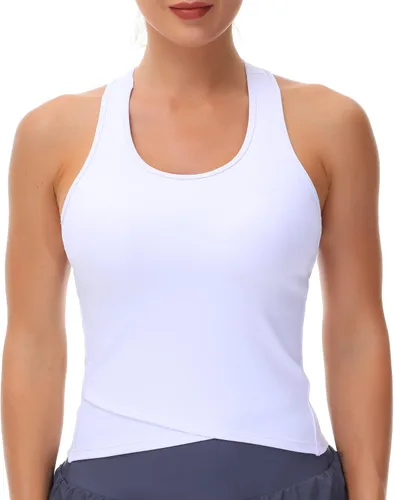 Vista 4 de Camisetas sin mangas de entrenamiento con espalda cruzada para mujer, con brasier integrado, sin mangas, para correr, yoga, ajuste ajustado