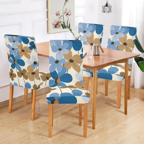 Vista 6 de Blue Brown Retro Flowers Decorative Chair Slipcover for Dining Room Soft Quality Reliable Chair Slipcovers cubre sillas para comedor Set of 4