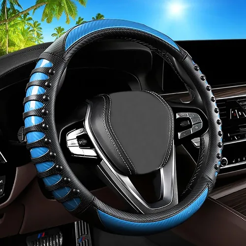 Vista 2 de Funda de cuero para volante de automóvil, material Panapi, universal de 14.5-15 pulgadas, antideslizante, transpirable, fundas para volante