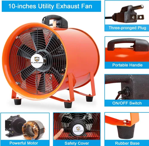 Vista 5 de Ventilador de escape de ventilación industrial portátil de 10 pulgadas 3010CFM 350W con manguera de conducto de 33 pies para aspirar polvo, humo