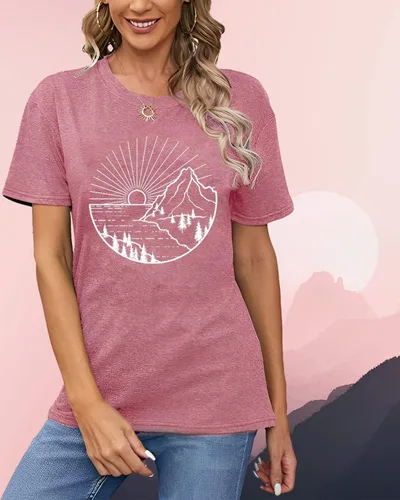 Vista 3 de Camiseta de senderismo para mujer, camiseta de montaña con estampado gráfico de naturaleza y amanecer, camiseta de verano de manga corta
