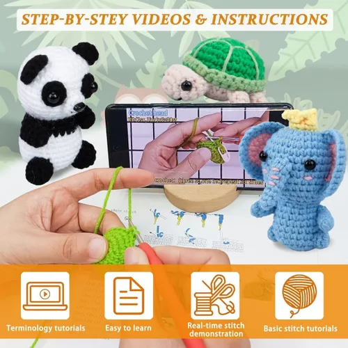 Vista 2 de Kit de 6 piezas de ganchillo para principiantes, kit de punto con videos paso a paso, hilo, gancho de ganchillo, kit de tejido para principiantes