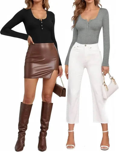 Vista 4 de MANGOPOP Body Henley de manga larga acanalada con botones y cuello redondo para mujer