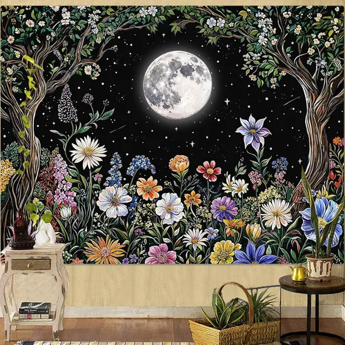 Vista 15 de Kanuyee Tapiz Floral de Luna Tapiz de Flores para Dormitorio Tapices Bohemios para Colgar en la Pared Estético para Dormitorio y Sala de Estar Luna