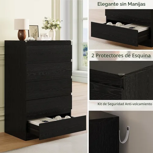 Vista 5 de Cómoda de madera negra para dormitorio, 5 cajones para almacenamiento de ropa, cómoda moderna con cajones anchos, cómoda de madera amplia para sala