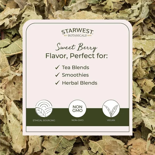 Vista 3 de Té orgánico de hojas de frambuesa roja, hojas cortadas y tamizadas a granel de Starwest Botanicals