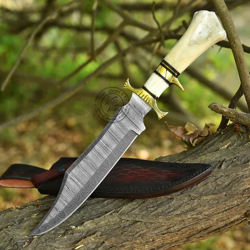 Vista 4 de Cuchillo de caza Bowie de acero de Damasco hecho a mano, cuchillo de supervivencia y caza de hoja fija, camping, bushcraft, regalo para hombres