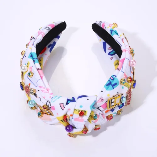 Vista 2 de boderier Diademas para profesoras para mujeres, diadema anudada de cristal perla, diadema de manzana, regalo de agradecimiento para el regreso a
