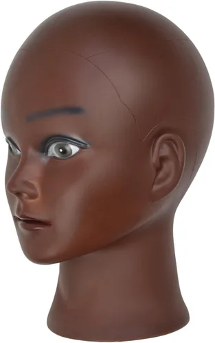 Vista 3 de Cabeza de maniquí calvo profesional de cosmetología para hacer pelucas, exhibir pelucas, anteojos con pasadores en T (marrón y rojo, 18.9 pulgadas)