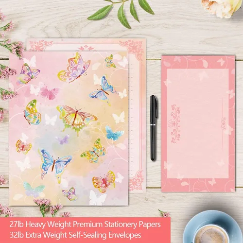 Vista 2 de Anzon Mories Juego de papelería de 72 piezas (48 hojas de papel y 24 sobres) de 8.5 x 11 pulgadas, letras gruesas de acuarela rosa para niñas, papel